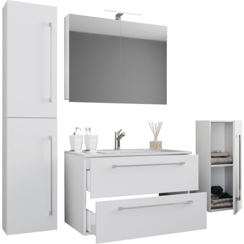 Completo Set5 pz Mobile sosp 2 casetti con Lavabo XL in ceramica incl 1 Colonna 1 mobile sosp e mobile specchio, Bianco