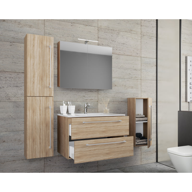 Completo Set5 pz Mobile sosp 2 casetti con Lavabo XL in ceramica incl 1 Colonna 1 mobile sosp e mobile specchio, Rovere