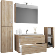 Completo Set5 pz Mobile sosp 2 casetti con Lavabo XL in ceramica incl 1 Colonna 1 mobile sosp e mobile specchio, Rovere