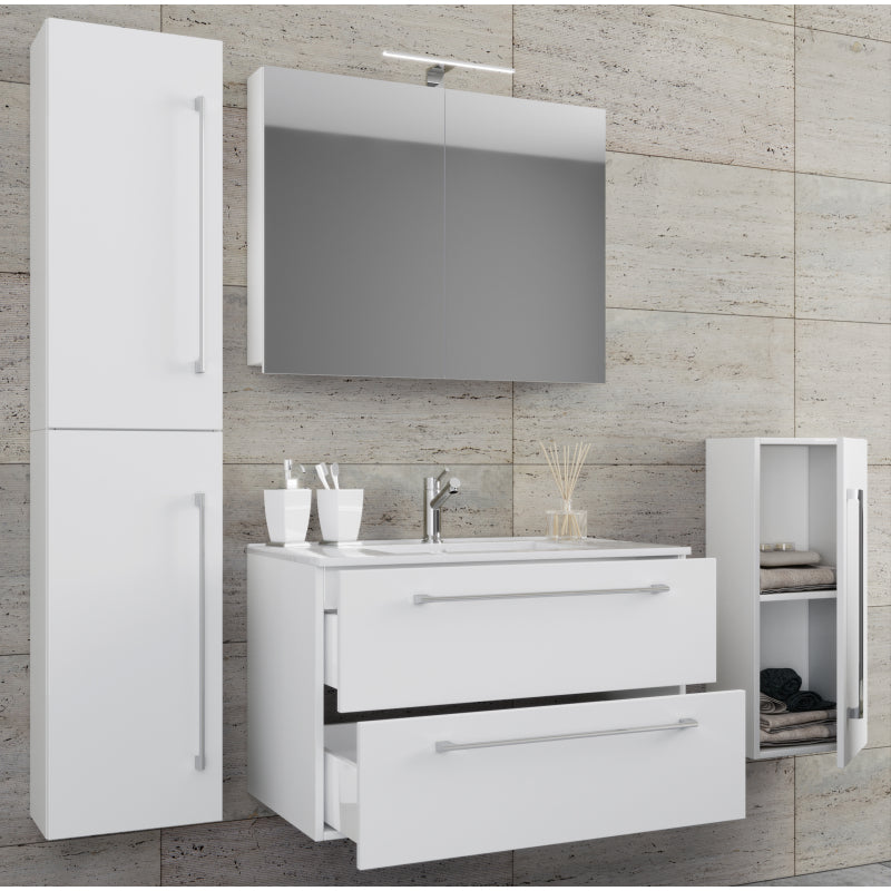 Completo Set5 pz Mobile sosp 2 casetti con Lavabo XL in ceramica incl 1 Colonna 1 mobile sosp e mobile specchio, Bianco