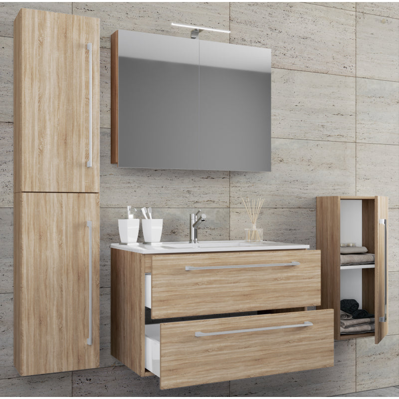 Completo Set5 pz Mobile sosp 2 casetti con Lavabo XL in ceramica incl 1 Colonna 1 mobile sosp e mobile specchio, Rovere