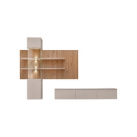 Composizione murale ALVANO (Beige & Rovere) - Pannello murale, mobile vetrato LED e mobile TV