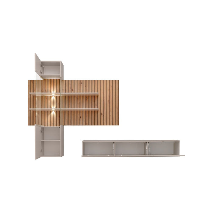 Composizione murale ALVANO (Beige & Rovere) - Pannello murale, mobile vetrato LED e mobile TV