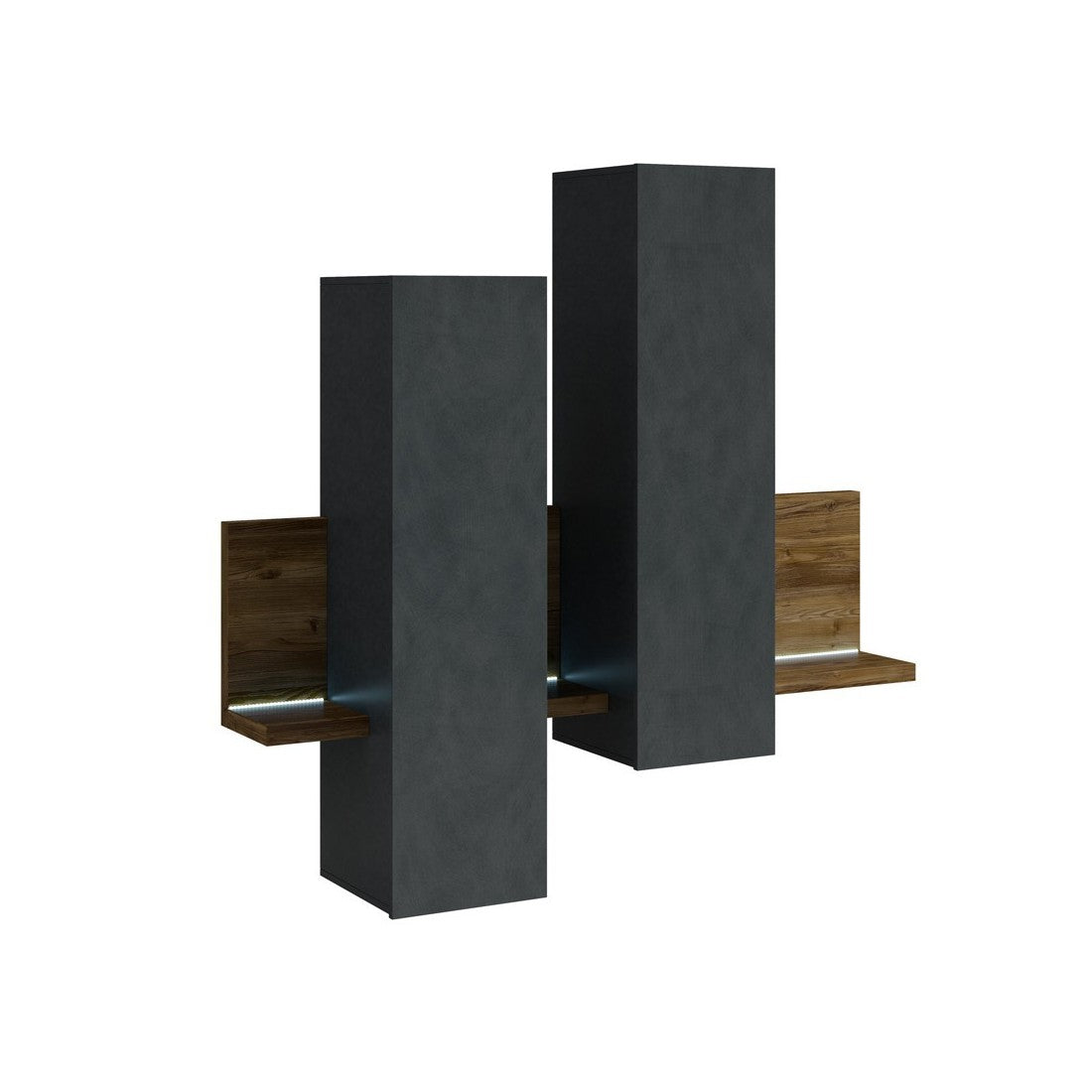 Composizione murale con LED. Colori grigio e quercia scura. Collezione BERGAMO.