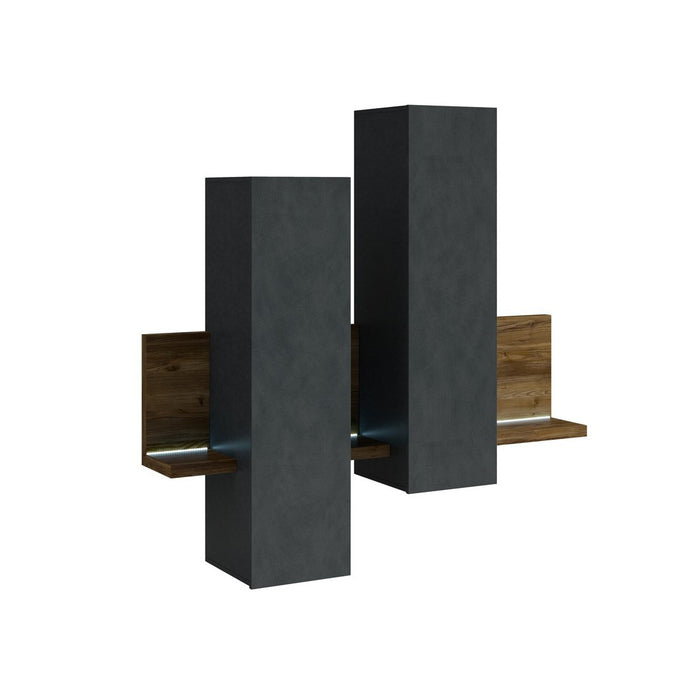 Composizione murale con LED. Colori grigio e quercia scura. Collezione BERGAMO.