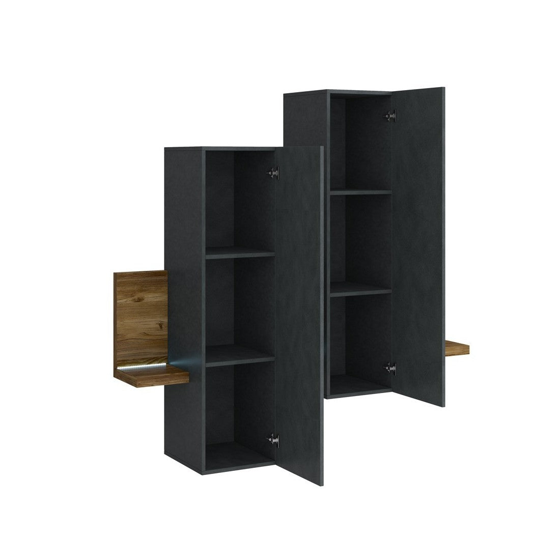 Composizione murale con LED. Colori grigio e quercia scura. Collezione BERGAMO.