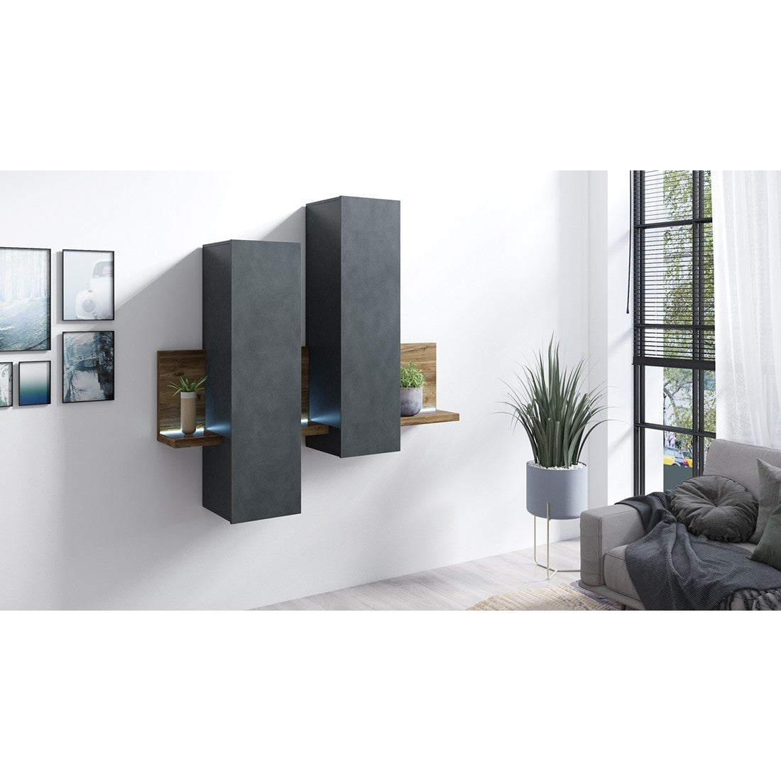 Composizione murale con LED. Colori grigio e quercia scura. Collezione BERGAMO.