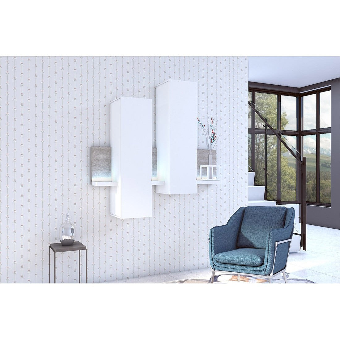 Composizione murale BERGAMO – 152 cm – Bianco e effetto cemento – LED integrati – Design moderno