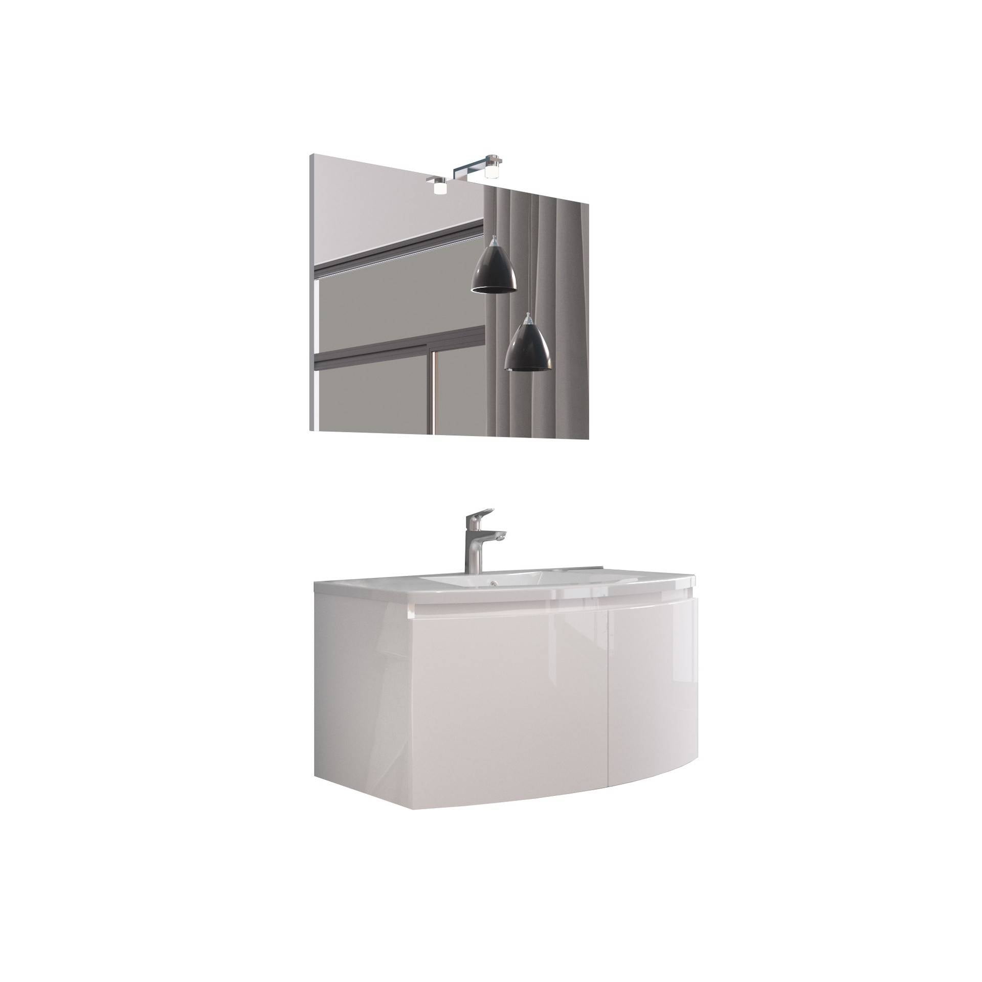 Composizione bagno 2 ante con lavabo in ceramica e specchio con lampada led - HDcasa