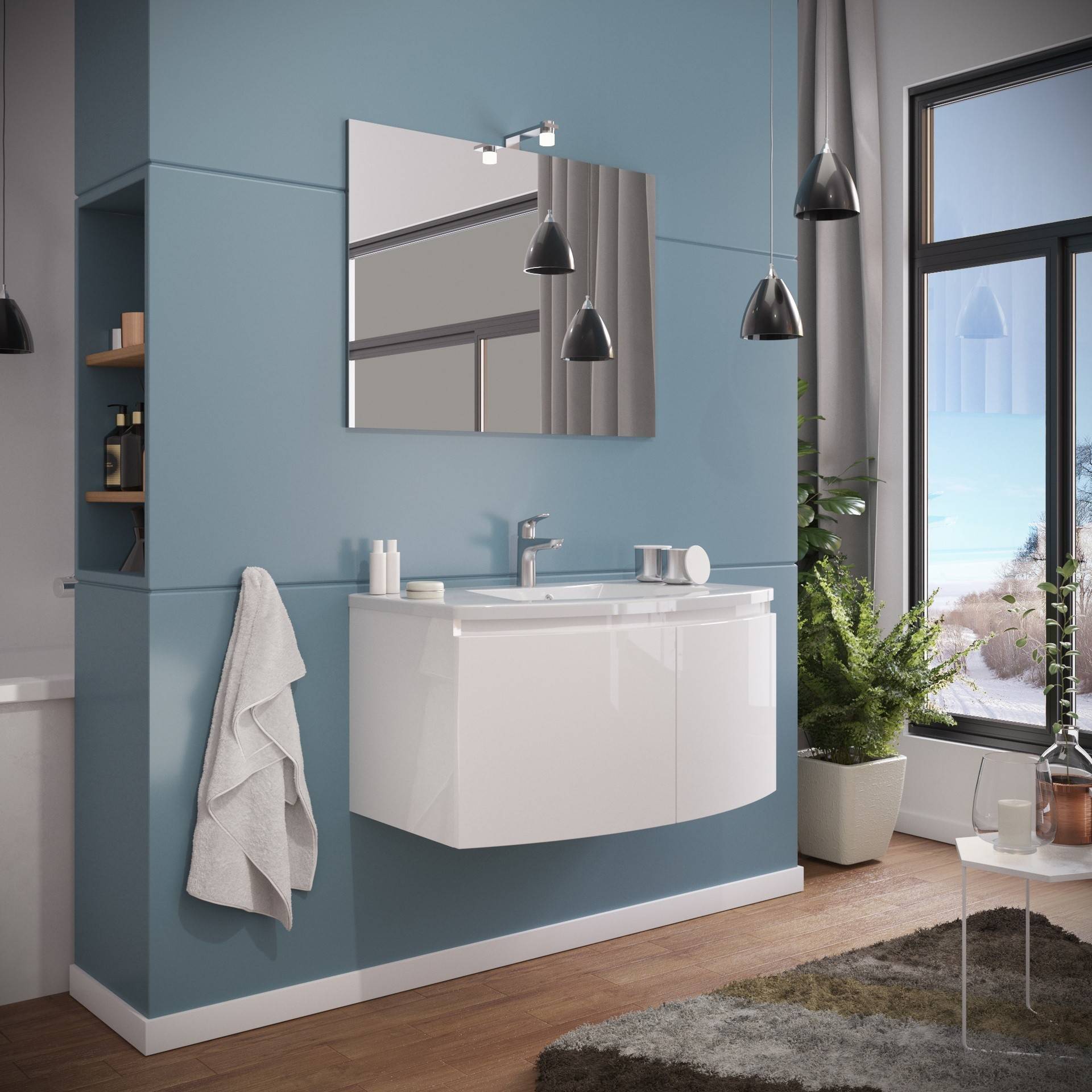 Composizione bagno 2 ante con lavabo in ceramica e specchio con lampada led - HDcasa