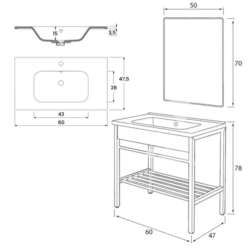 COMPOSIZIONE BAGNO MOBILE LAVABO IN METALLO 60x47x78cm+SPECCHIO BORG FERIDRAS 450100