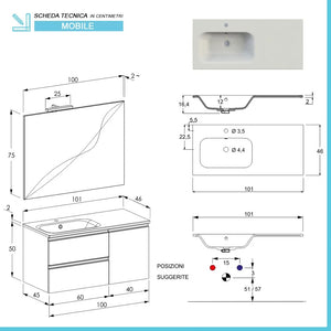 Composizione bagno sospesa 100 cm Master grigia con top e specchio