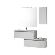 Mobile Bagno Sospesa 100cm Con Due Cassetti, Pensile Colonna, Specchio e Lampada - Laccato Bianco Opaco