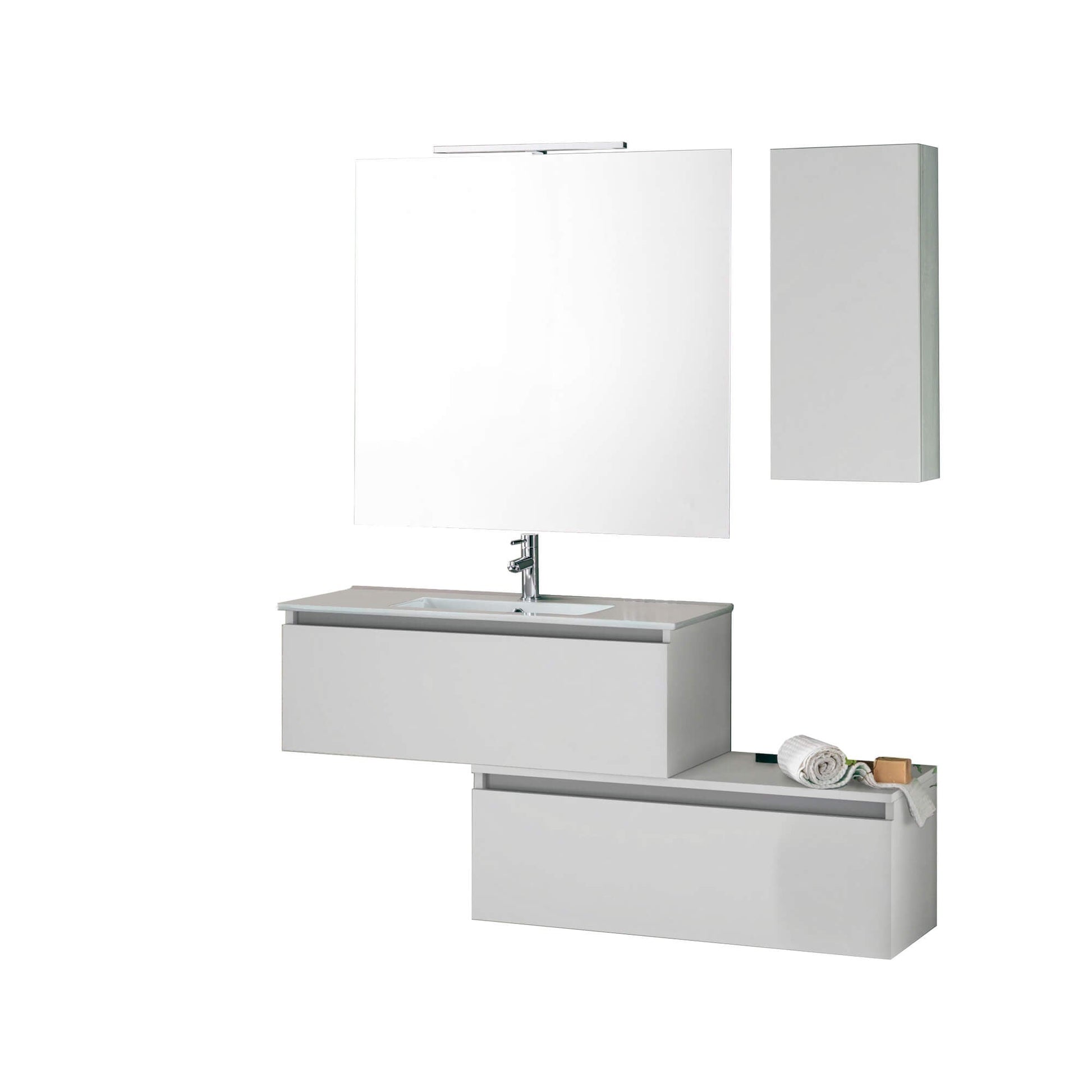 Mobile Bagno Sospesa 100cm Con Due Cassetti, Pensile Colonna, Specchio e Lampada - Laccato Bianco Opaco