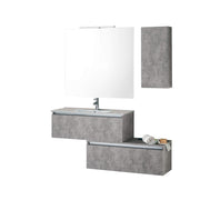Mobile Bagno Sospesa 100cm Con Due Cassetti, Pensile Colonna, Specchio e Lampada - Cemento