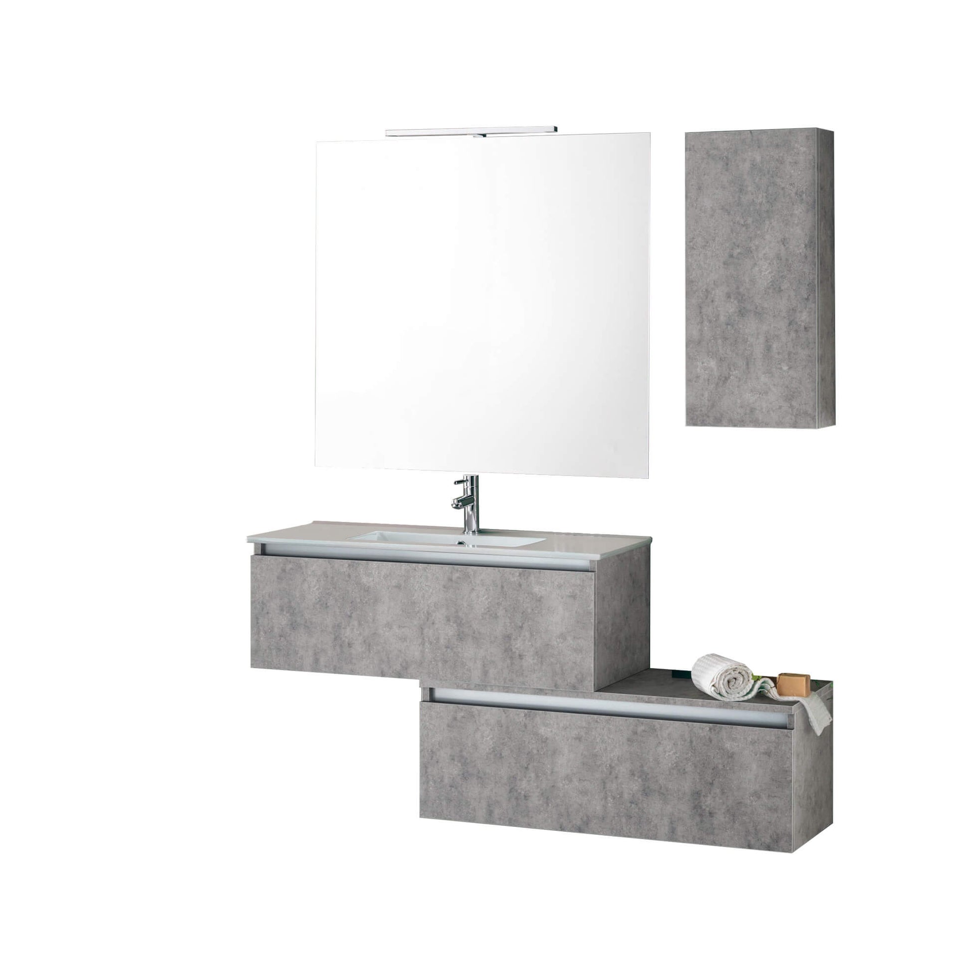 Mobile Bagno Sospesa 100cm Con Due Cassetti, Pensile Colonna, Specchio e Lampada - Cemento