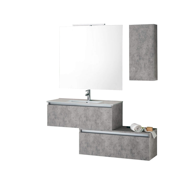 Mobile Bagno Sospesa 100cm Con Due Cassetti, Pensile Colonna, Specchio e Lampada - Cemento
