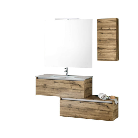 Mobile Bagno Sospesa 100cm Con Due Cassetti, Pensile Colonna, Specchio e Lampada - Rovere Miele