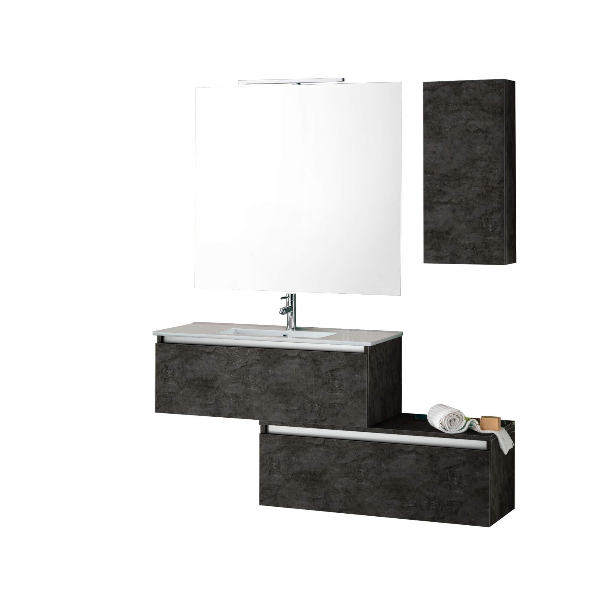 Mobile Bagno Sospesa 100cm Con Due Cassetti, Pensile Colonna, Specchio e Lampada - Ossido