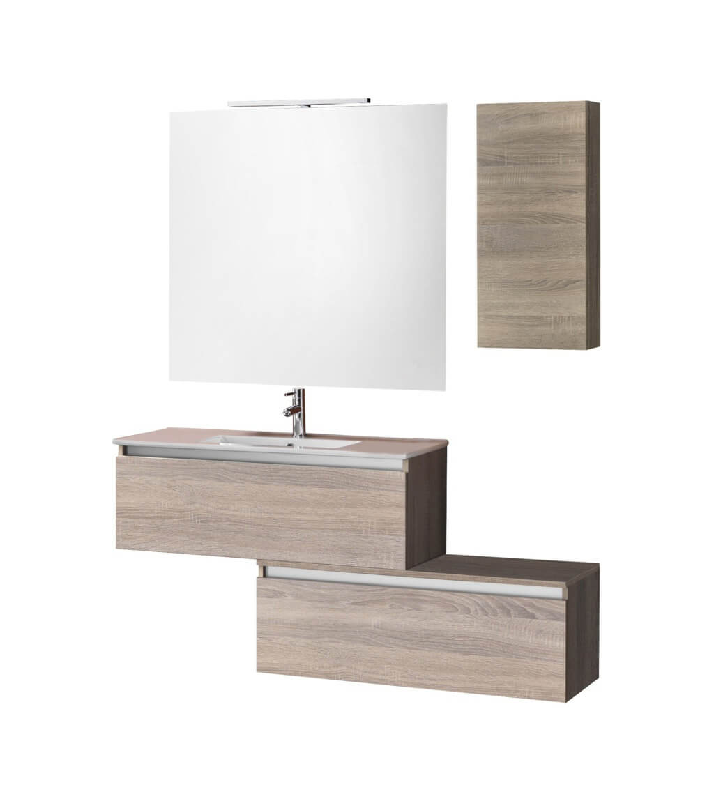 Mobile Bagno Sospesa 100cm Con Due Cassetti, Pensile Colonna, Specchio e Lampada - Tabacco Chiaro