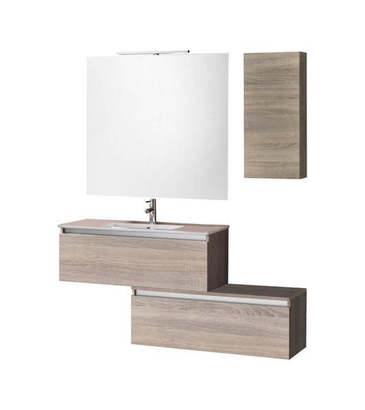 Mobile Bagno Sospesa 100cm Con Due Cassetti, Pensile Colonna, Specchio e Lampada - Tabacco Chiaro