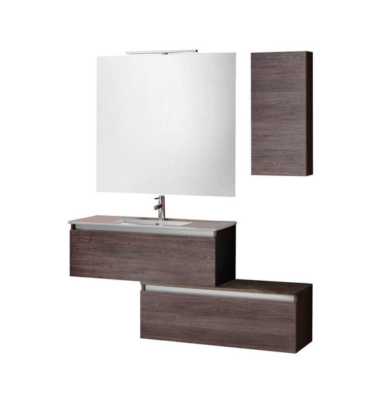 Mobile Bagno Sospesa 100cm Con Due Cassetti, Pensile Colonna, Specchio e Lampada - Tabacco Scuro