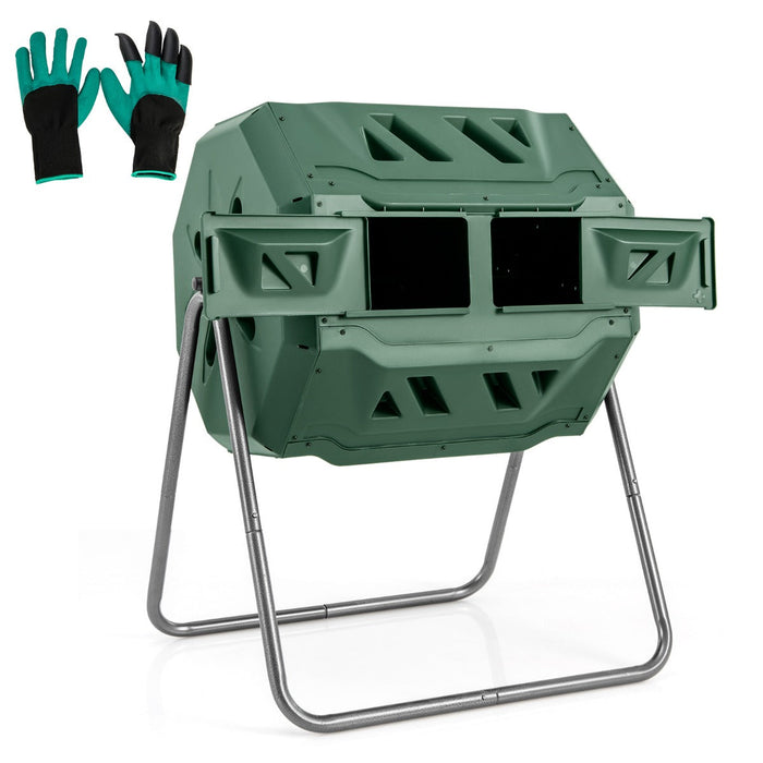 Compostiera Compostiera a doppia camera da 160 litri struttura in metallo girevole a 360° con 2 ante scorrevoli fori di ventilazione bpa free verde 20_0008354