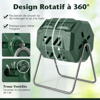 Compostiera Compostiera a doppia camera da 160 litri struttura in metallo girevole a 360° con 2 ante scorrevoli fori di ventilazione bpa free verde 20_0008354