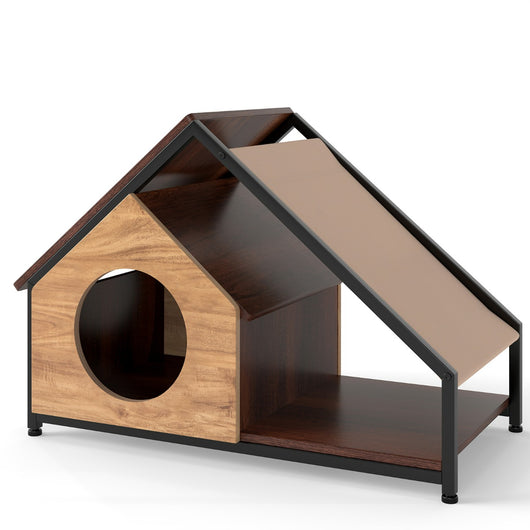 Casetta in legno per gatti da interno con veranda e stile industriale, Tetto inclinato staccabile e struttura in metallo-Lettini e divanetti