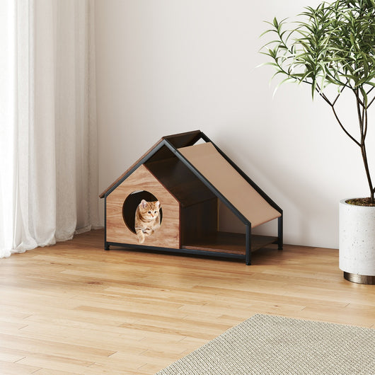 Casetta in legno per gatti da interno con veranda e stile industriale, Tetto inclinato staccabile e struttura in metallo-Lettini e divanetti