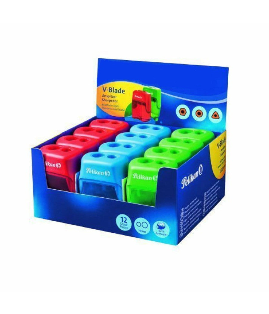 Confezione 12 Pezzi Temperamatite Temperino V Blade 2 Colorato Con Contenitore         