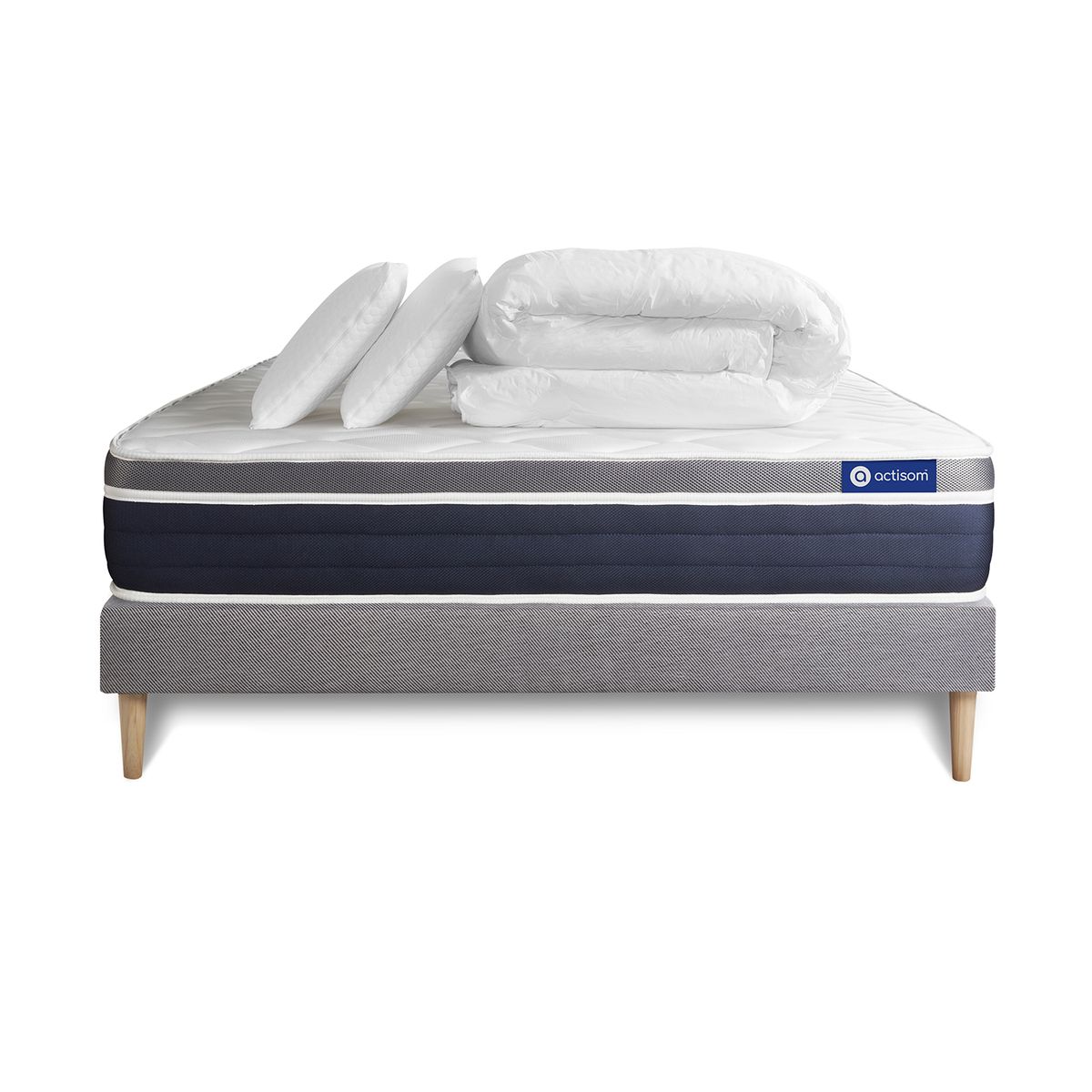 Pacchetto letto completo - Materasso 160x200cm + Box spring con doghe (in kit) + 2 cuscini + Piumino - Actilatex Confort