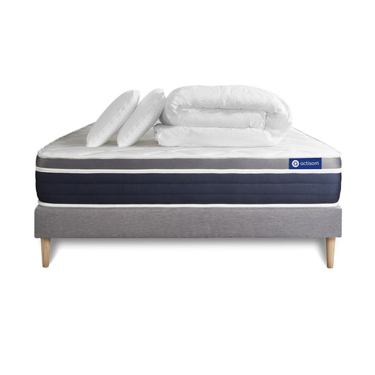Pacchetto letto completo - Materasso 140x190cm + Box spring con doghe (in kit) + 2 cuscini + Piumino - Actimemo Confort