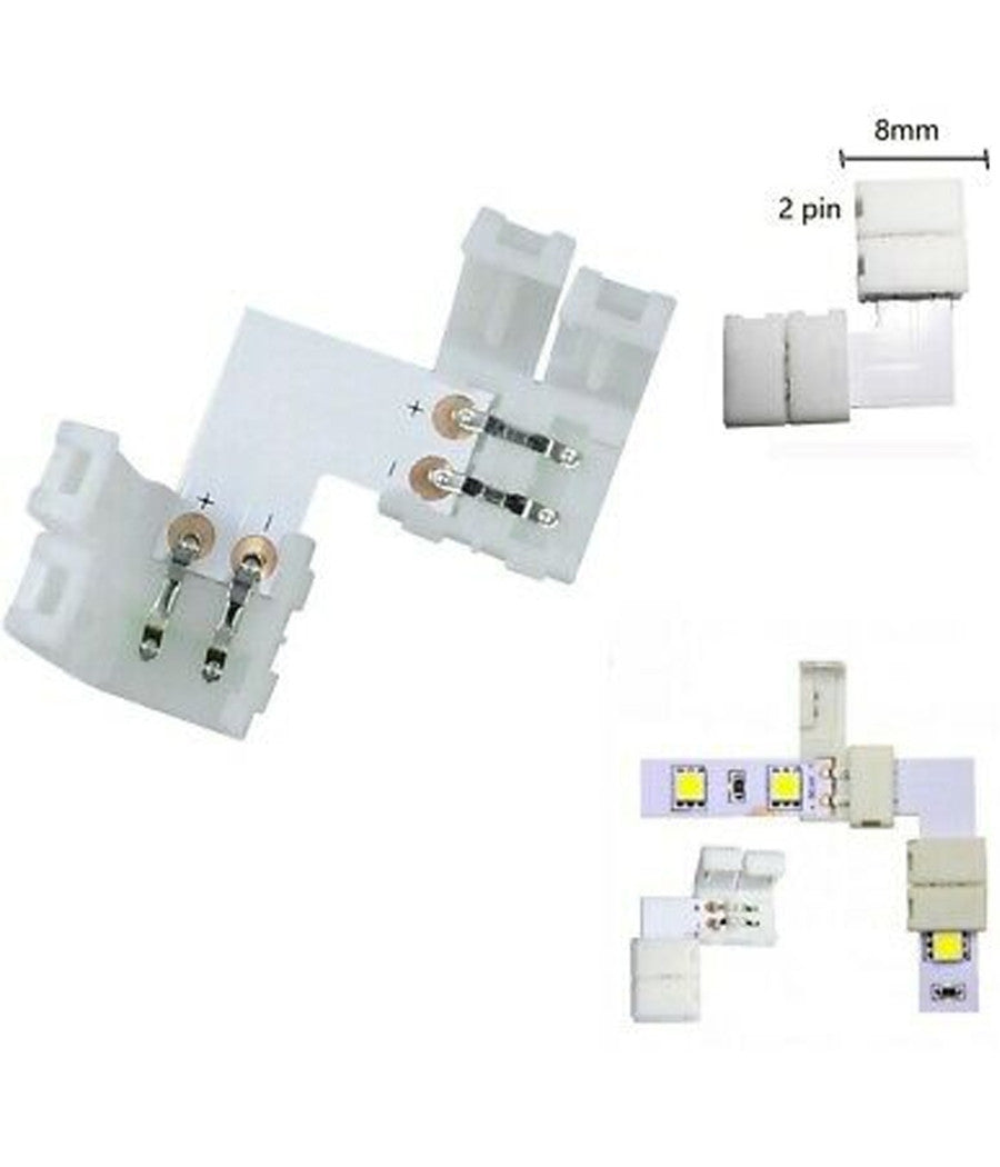 Connettore A Clip 2 Pin Per Strip Led 12v Angolo A 90° Gradi Curva A Forma L         