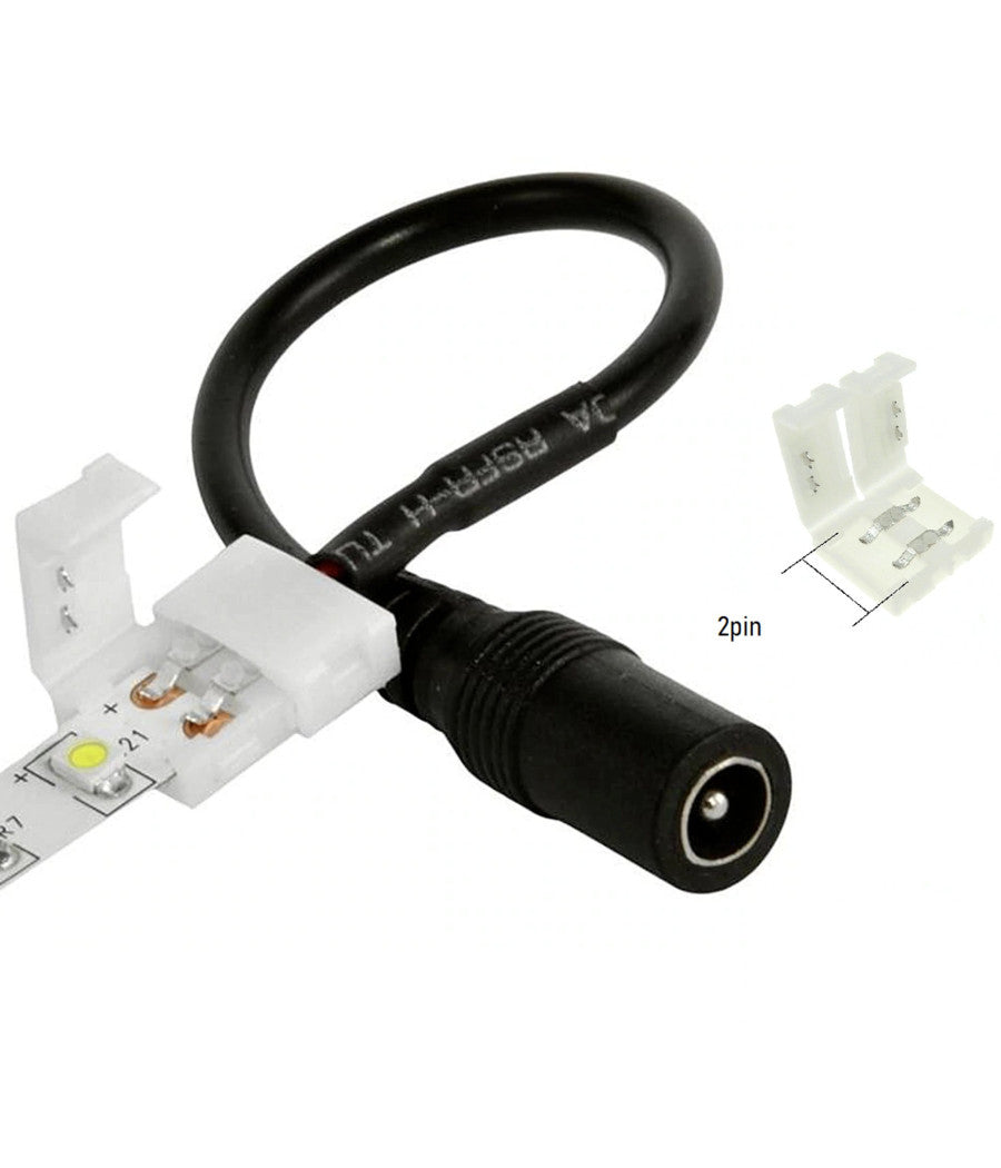 Connettore A Clip 8mm 2 Pin Per Strip Led 12v Con Cavetto Jack Femmina Da 2,5mm         