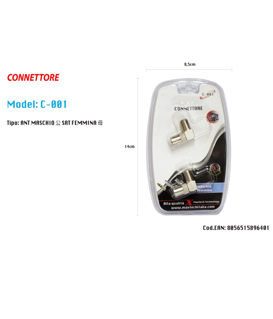 Connettore Adattatore Angolo 90° Maschio-femmina Antenna Satellitare Tv Maxtech C-001         