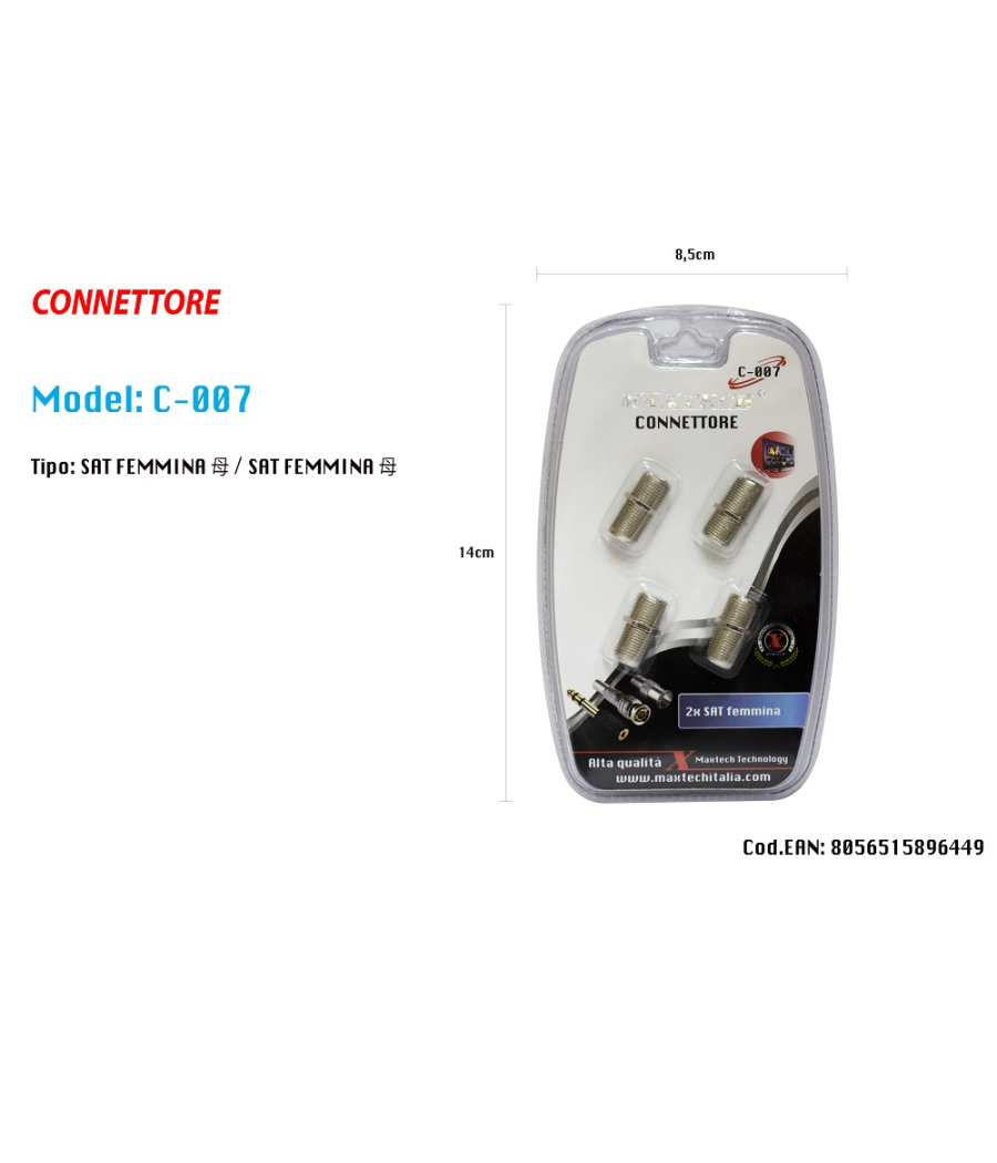 Connettore Adattatore Cavo Coassiale Sat Femmina/femmina Televisore Maxtech C-007         