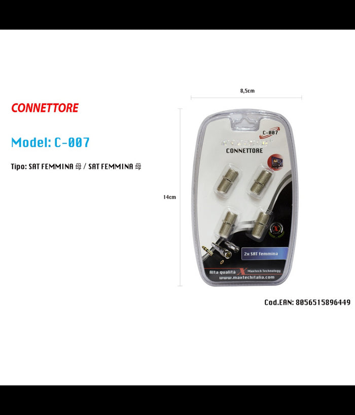 Connettore Adattatore Cavo Coassiale Sat Femmina/femmina Televisore Maxtech C-007         