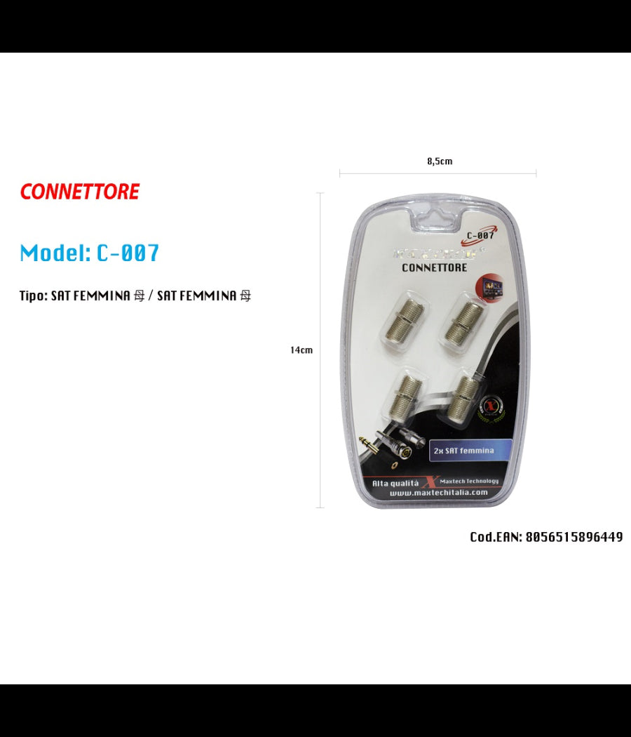 Connettore Adattatore Cavo Coassiale Sat Femmina/femmina Televisore Maxtech C-007         