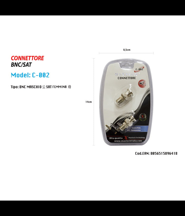 Connettore Adattatore Maschio Bnc / Presa Sat Femmina Telecamere Maxtech C-002         