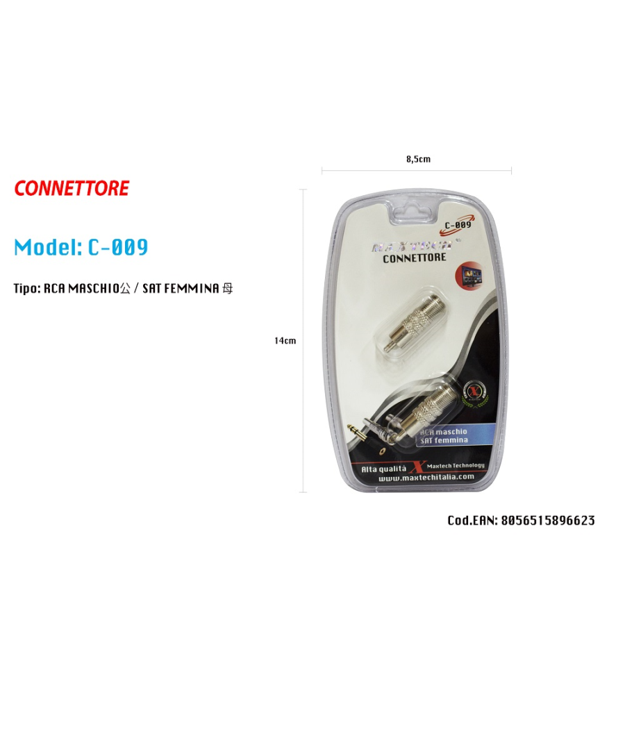 Trade Shop - Connettore Rca Maschio / Satellitare Femmina Adattatore Televisore Maxtech C-009 -