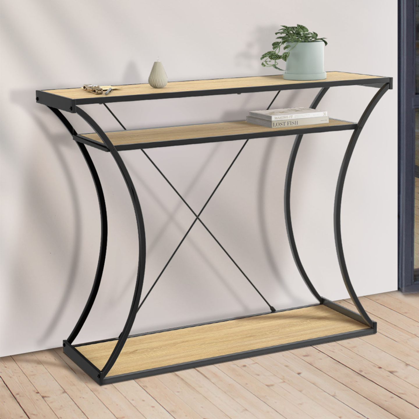 IDMarket - Consola DETROIT de patas curvas con estantes dobles de diseño industrial