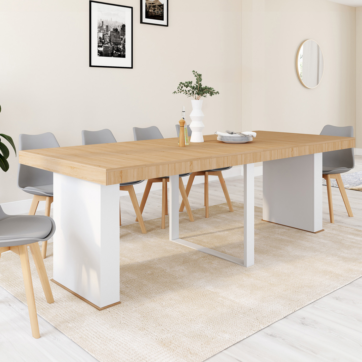 IDMarket - Consola extensible EDEN 10 personas 235cm madera y blanco