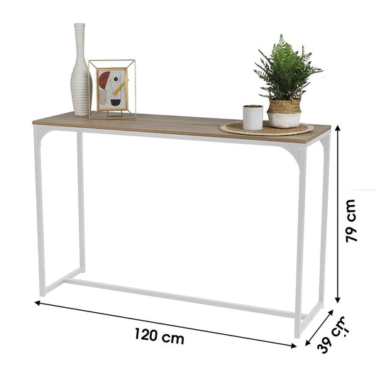 Consolle stile industriale collezione PUEBLO. Color rovere, struttura robusta in metallo bianco.