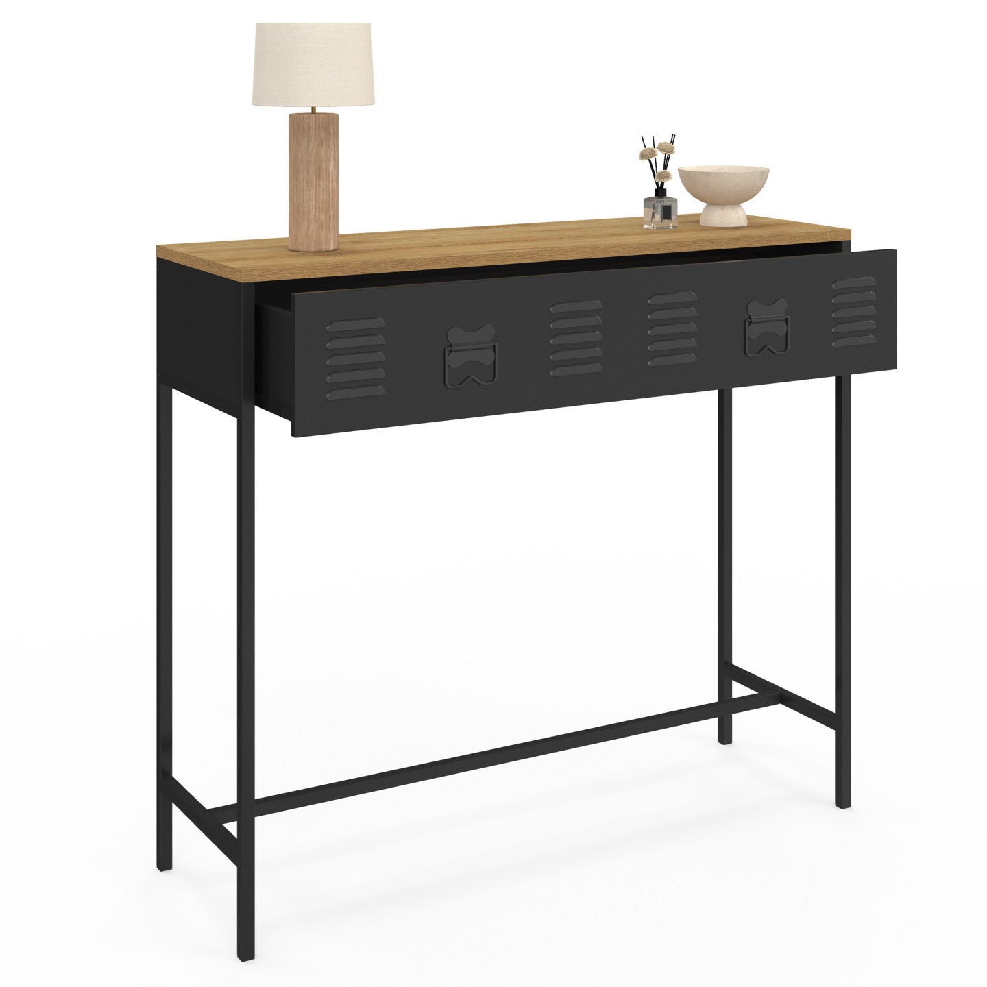 IDMarket - Consolle a 1 cassetto ESTER con piano in metallo nero e legno dal design industriale