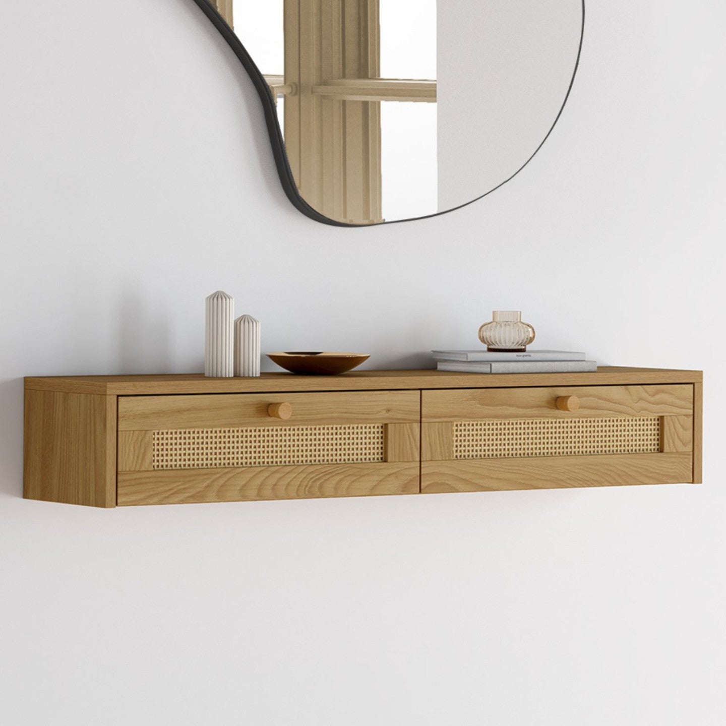 IDMarket - Consolle a muro a 2 cassetti HANAE, effetto canna naturale