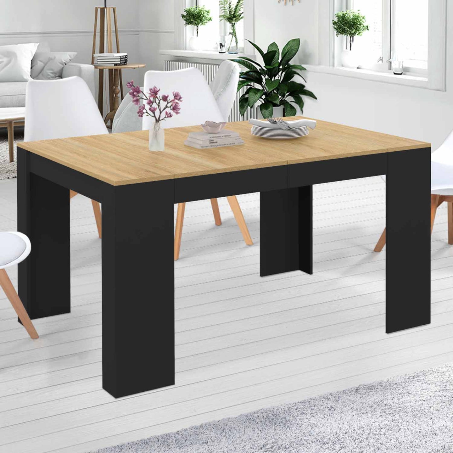IDMarket - Consolle allungabile a 6 posti ORLANDO, 140 cm, legno nero e impiallacciato faggio