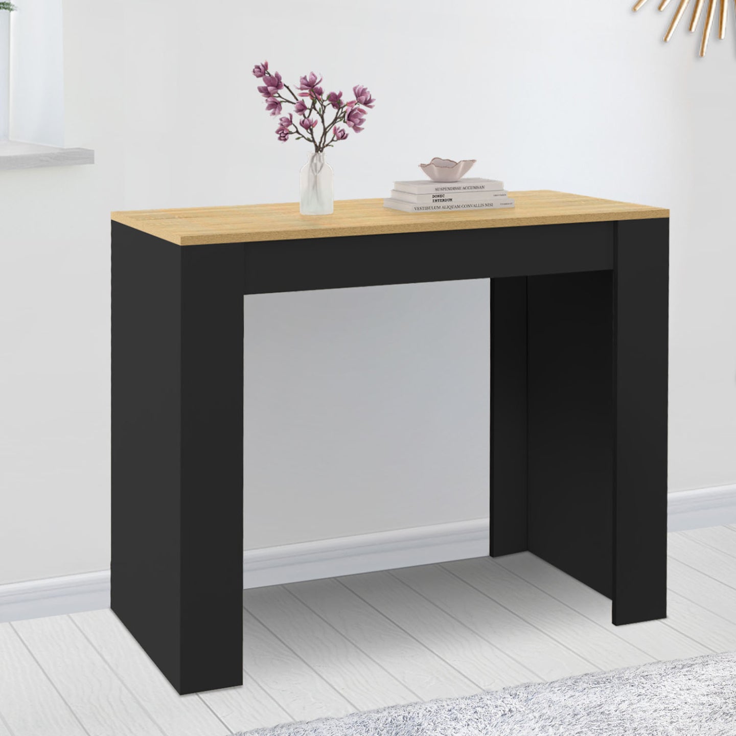 IDMarket - Consolle allungabile a 6 posti ORLANDO, 140 cm, legno nero e impiallacciato faggio
