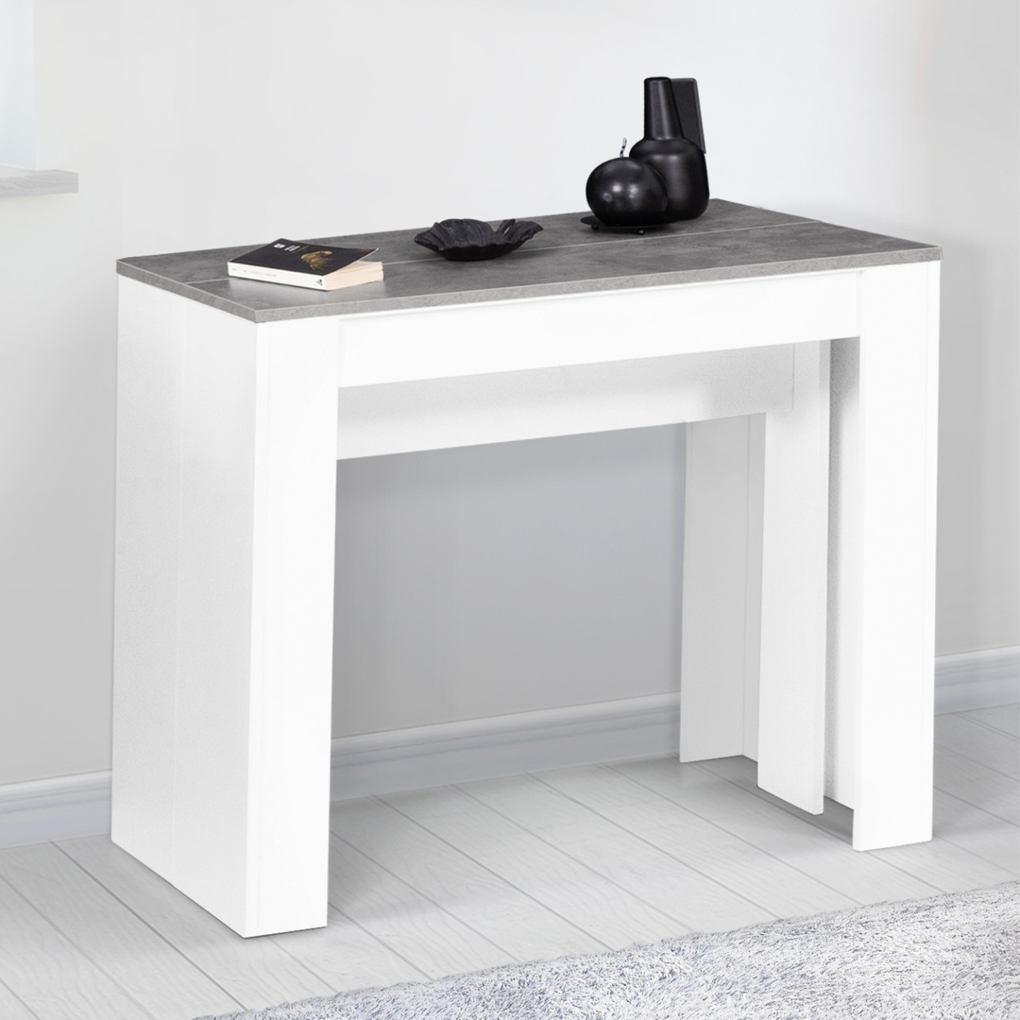 IDMarket - Consolle allungabile ORLANDO, 10 persone, 235 cm, legno bianco ed effetto cemento