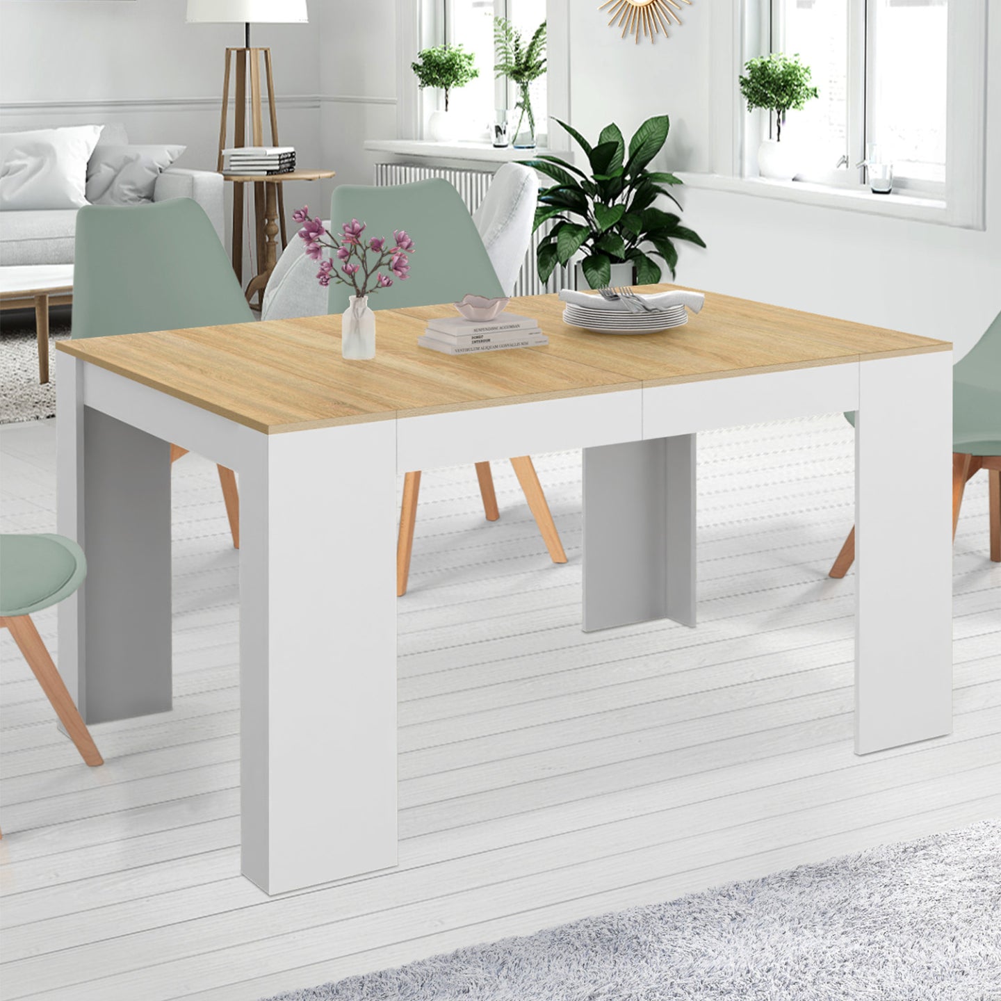IDMarket - Consolle allungabile ORLANDO 6 posti 140 cm legno bianco e faggio impiallacciato